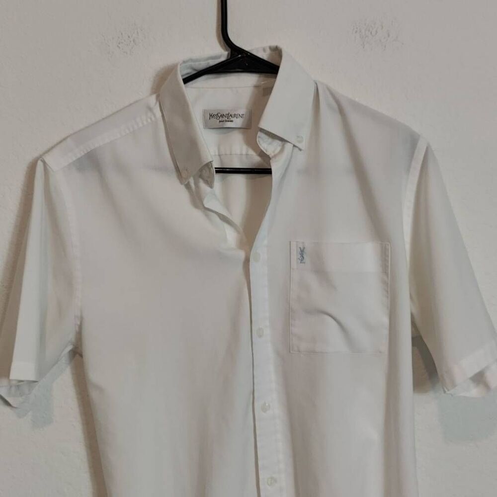Yves Saint Laurent Button Up Short Sleeve Shirt- Mens- Size S- White Blue - Picture 2 of 11